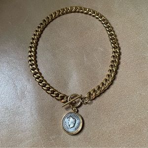 Gold silver plated Roman augustus coin gold plated curb chain toggle choker